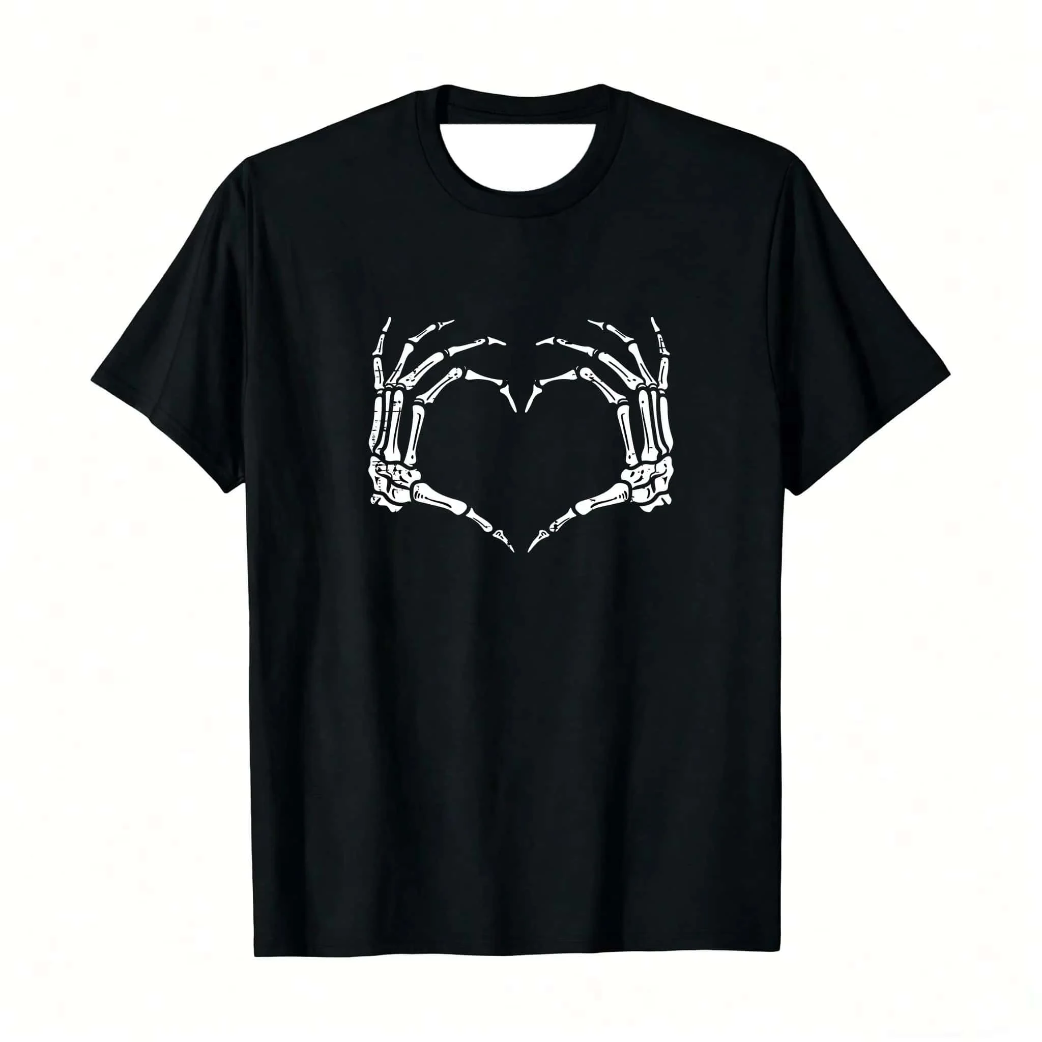 Skeleton Hands To Heart Printed Short Sleeve T-shirt for Men and Women, American Retro Dark Street Loose Round Neck Top