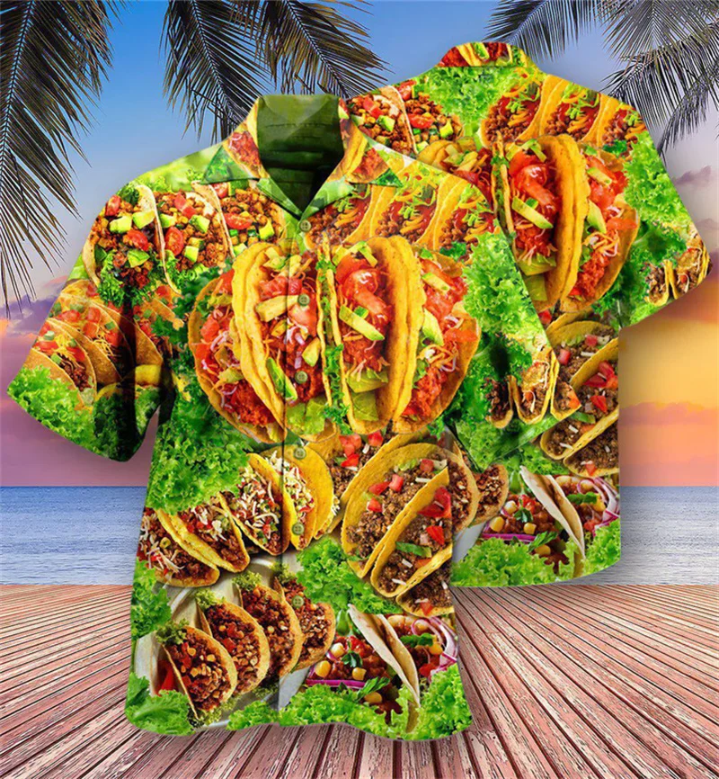 Harajuku Pizza 3D Print Hawaiian Shirt Fashion Food Pattern Lapel Button Shirt Street Loose Short Sleeves Blouse Tops Clothing