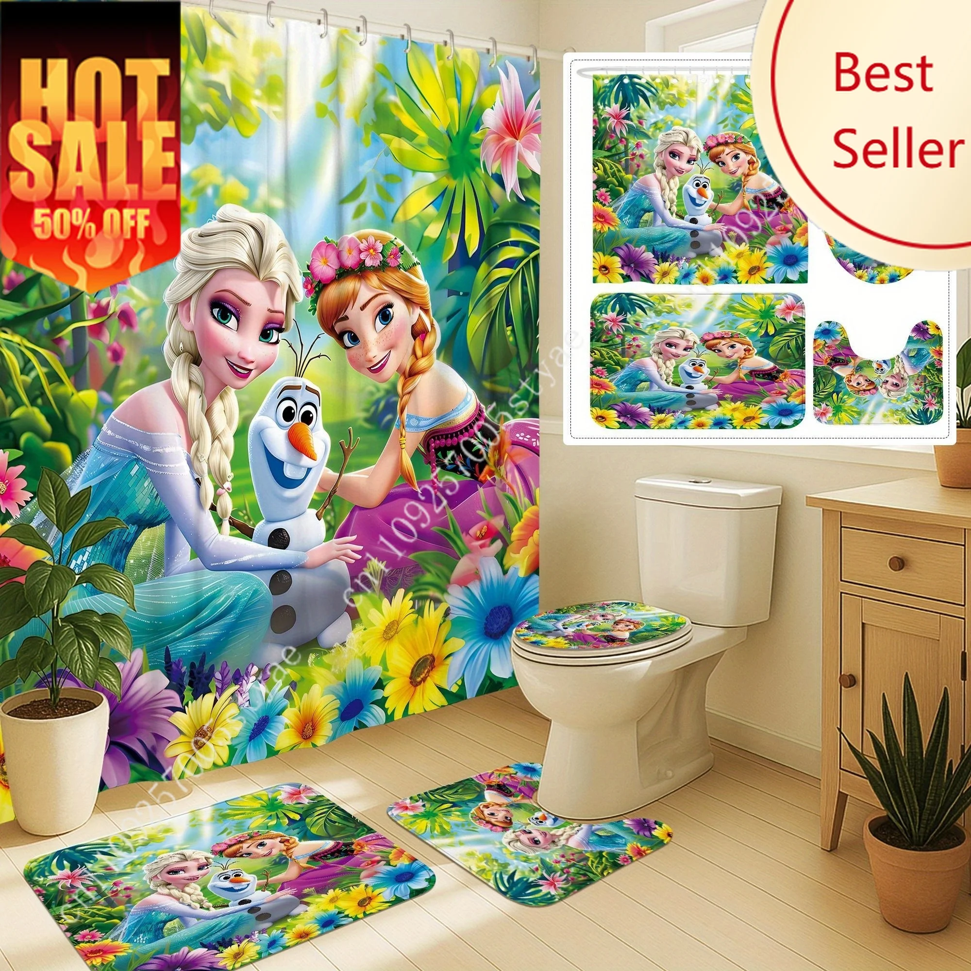 

Elsa Anna Olaf Frozen Shower Curtain Set Disney Cartoon Decoration Gifts Floor Mats Toilet Seat Cover Tropical bathroom 4pcs