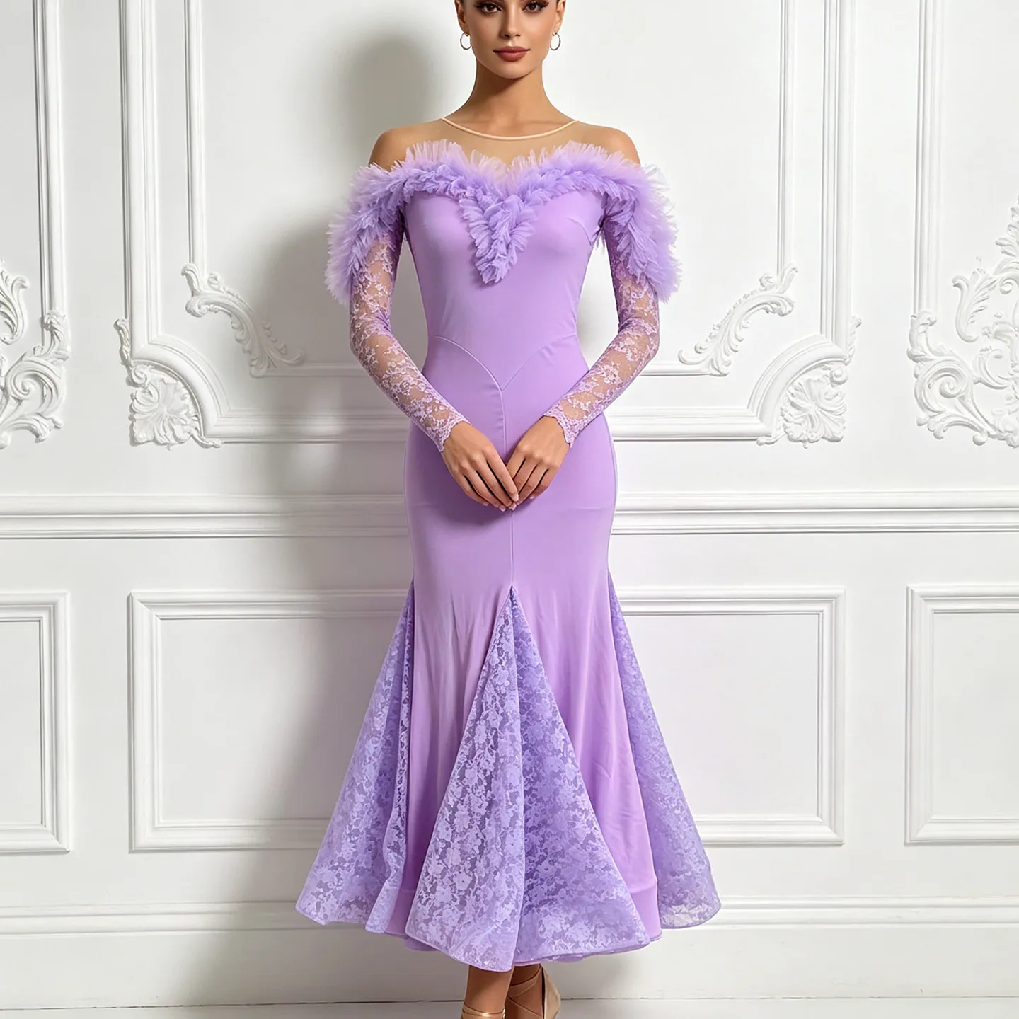 

2026 Off Shoulder Long Sleeved Swing Skirts Ballroom Dance Competition Dress For Women Waltz Modern Perofrmance Dress XH4716