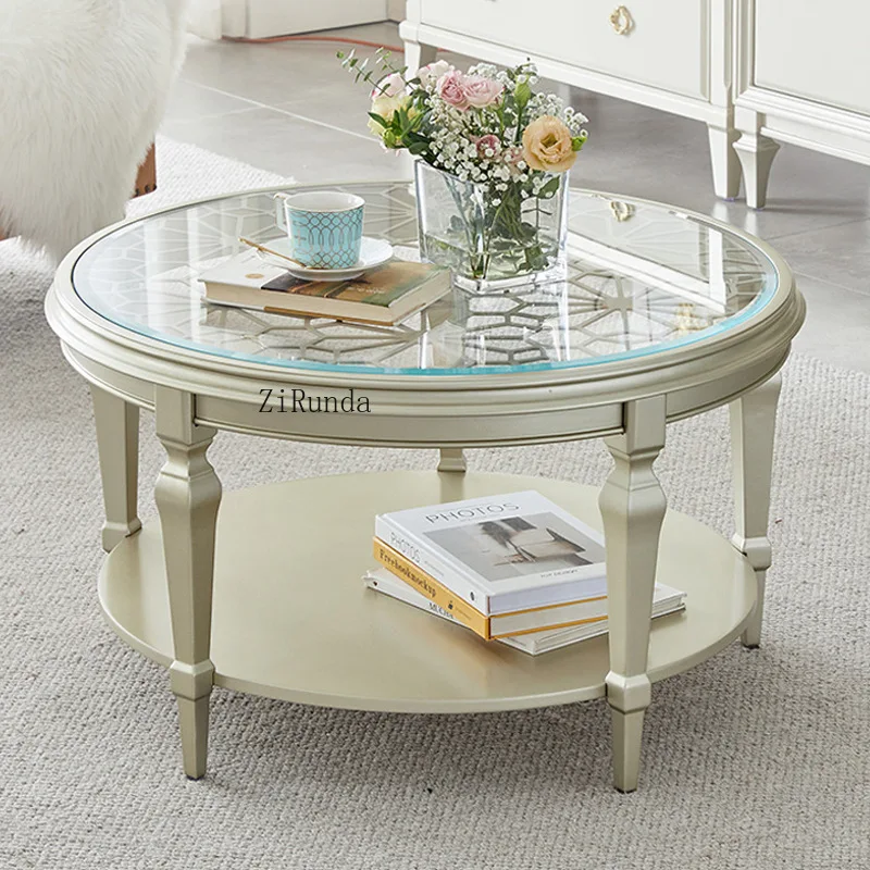 

* American solid wood carving flower hollow tea glass coffee table light luxury modern round tea table small coffee table
