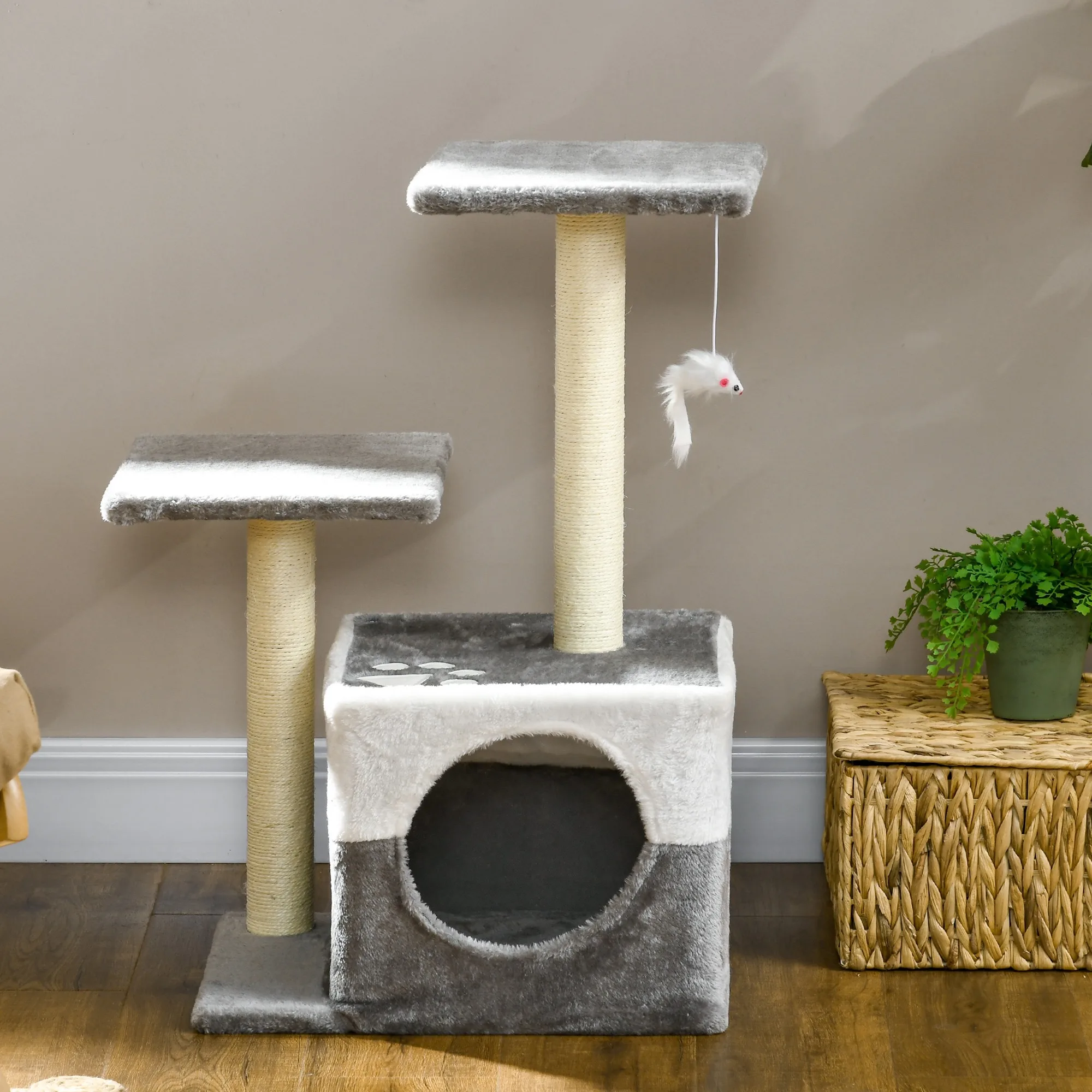 PawHut Indoor Cat Tree Tower, Cat Den Hut with Scratching Post and Apartment Perch, Interactive Mouse Toy, 45 x 33 x 70cm