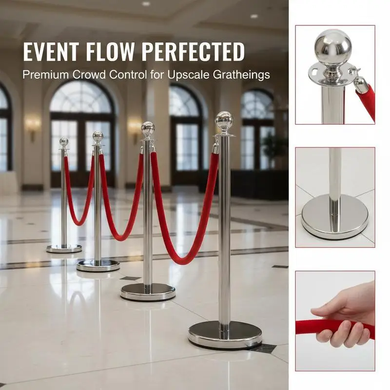 Picture 7: 4 Pcs Silver Separation Guide Posts with 2 Red Velvet Cords 1.5m, Queue Waiting Line Safety Individual Posts 96cm Height Queue Barrier for Crowd Control