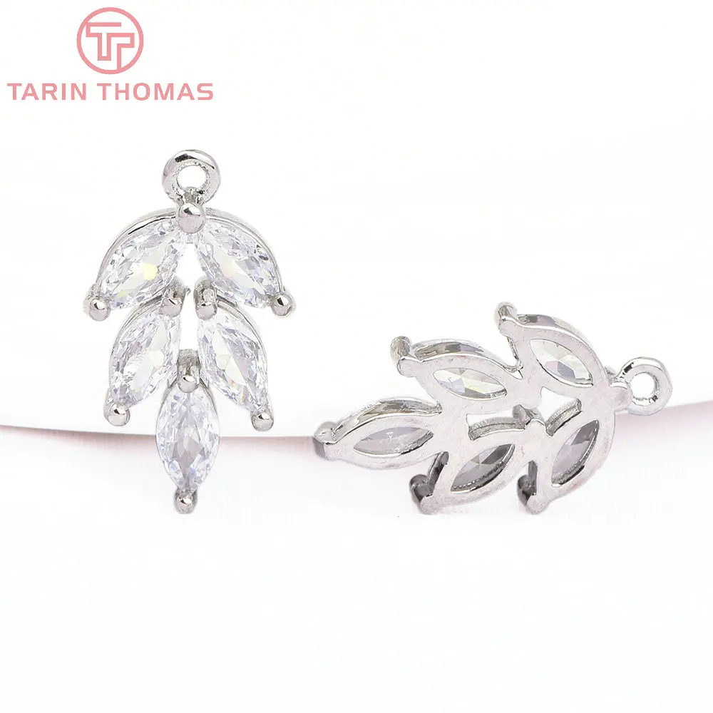 (7778) 6 Buah 10x17.5MM Warna Emas 24K Kuningan dengan Liontin Daun Zirkon Berkualitas Tinggi untuk Pembuatan Perhiasan DIY Aksesoris