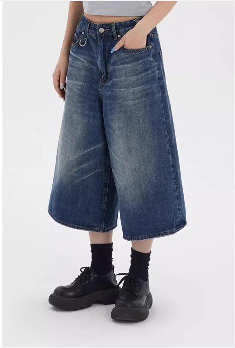 Jeans Biru Retro Celana Pendek Denim Panjang Lutut Lurus Longgar Kumis Pinggang Rendah Dicuci Pria Pakaian Musim Panas Kasual