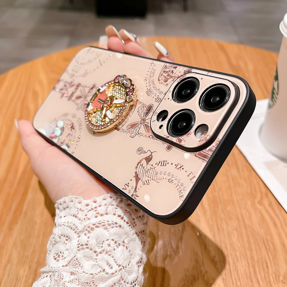 Fashion clock pattern diamond holder phone case for iPhone 15 14 13 12 11 Pro Max fine hole camera protection hard bumper cover