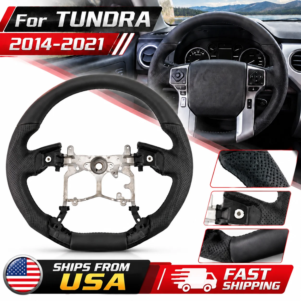 4510004321C0 Leather Steering Wheel for Toyota Tundra 2014-2022 Replacement Driver Steering Wheel Assembly Car Interior Auto Parts