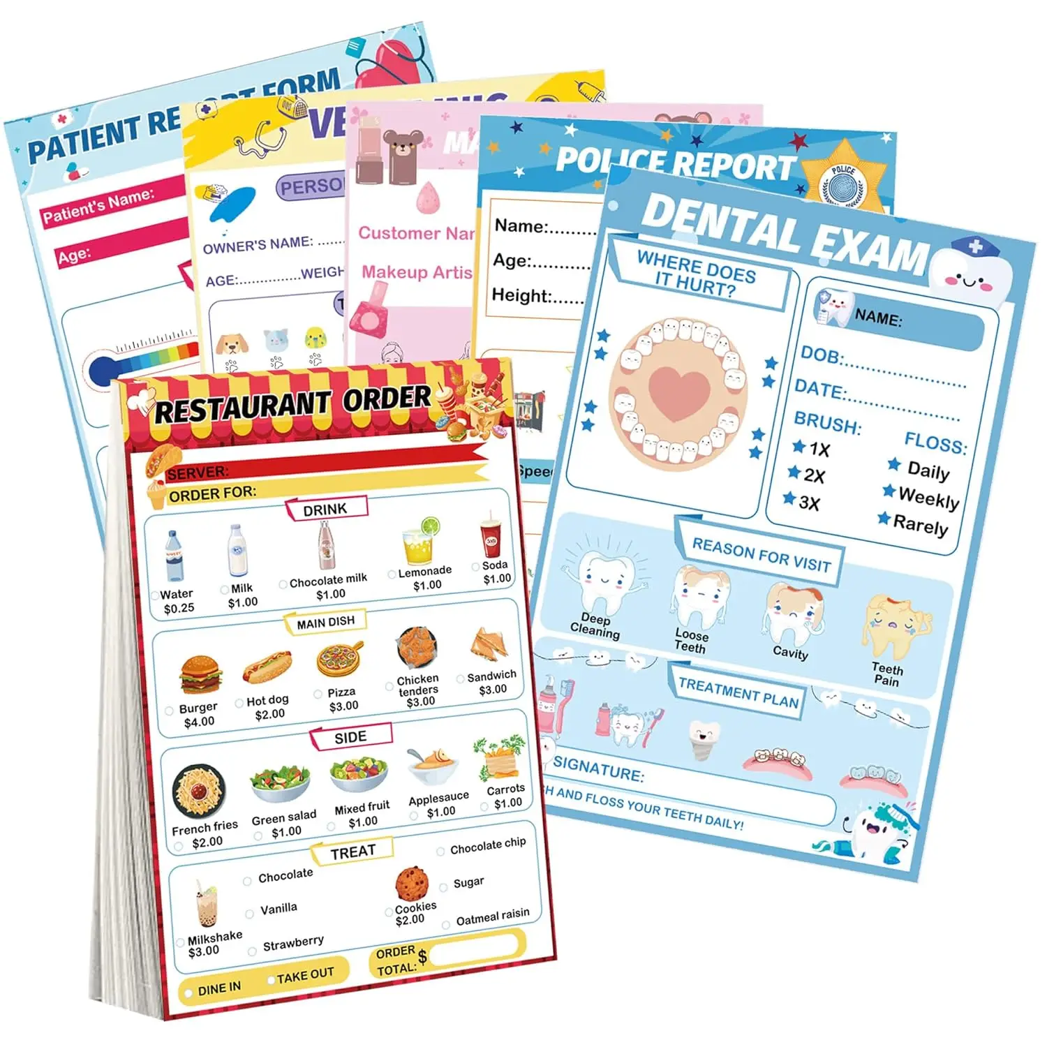 5세트 역할놀이 노트패드 6팩 플레이타임 패드 역할놀이 노트북 다양한 역할놀이 의사의 보고서 식료품 목록