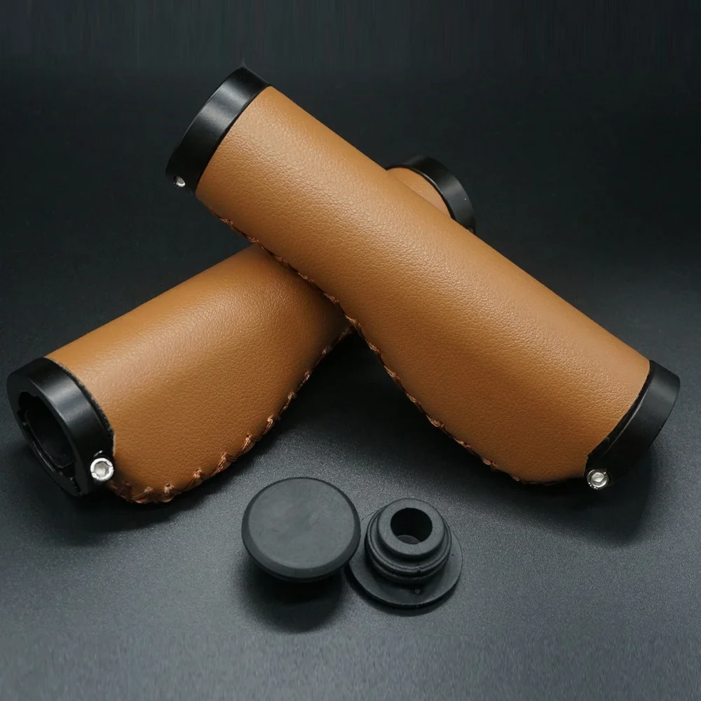 Mountain Bike Grips Retro Bike Hand Stitching Lockable Handlebars Non-slip PU Leather Handlebars Bilateral Locking Grips