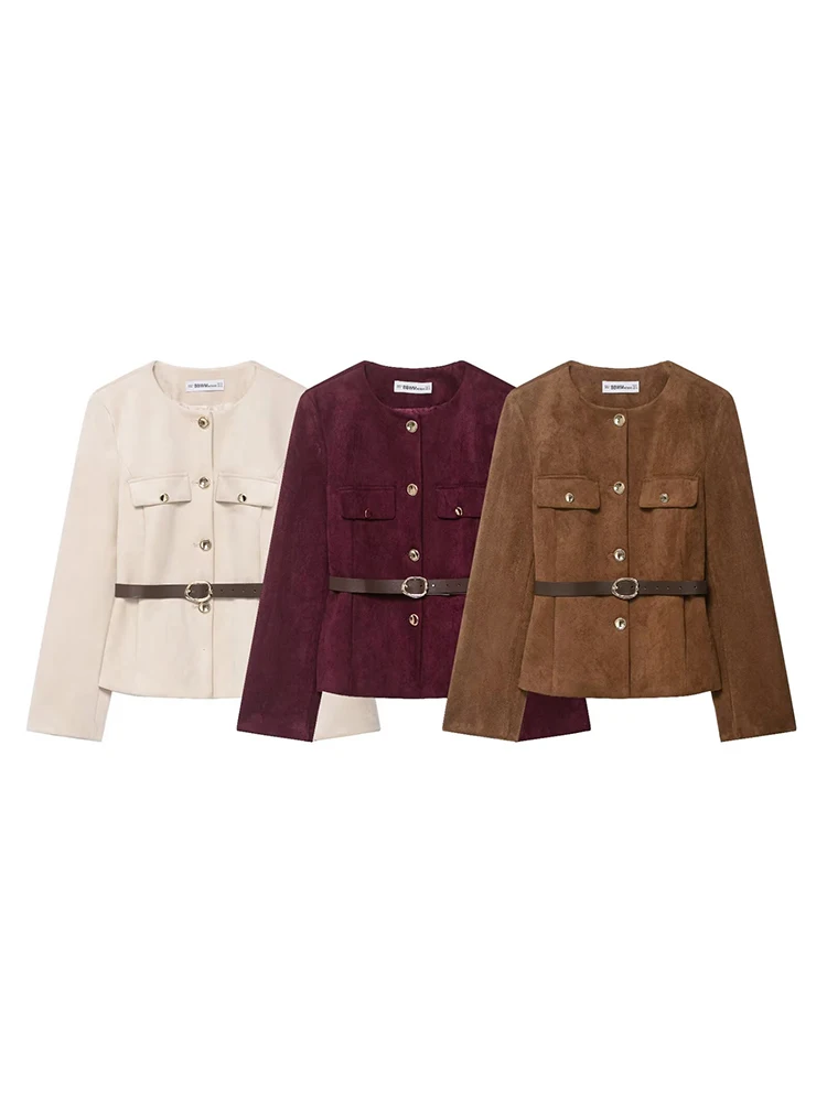 HH Fashion Women's Cropped Suede Textured Blazer With Belt 2025 Single-Breasted O-Neck Long Sleeves Decorate Street Jackets