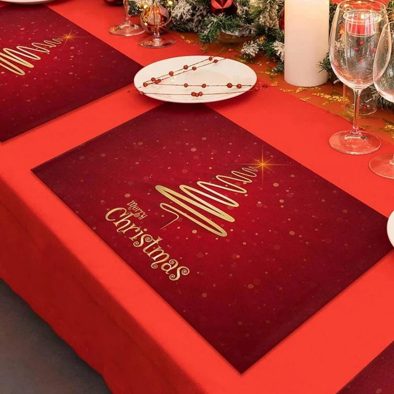 6PCS Merry Christmas Tree Placemats Non-Slip/Wipe Clean Linen Dining Table Mat Set Heat-Resistant Table Liner Red