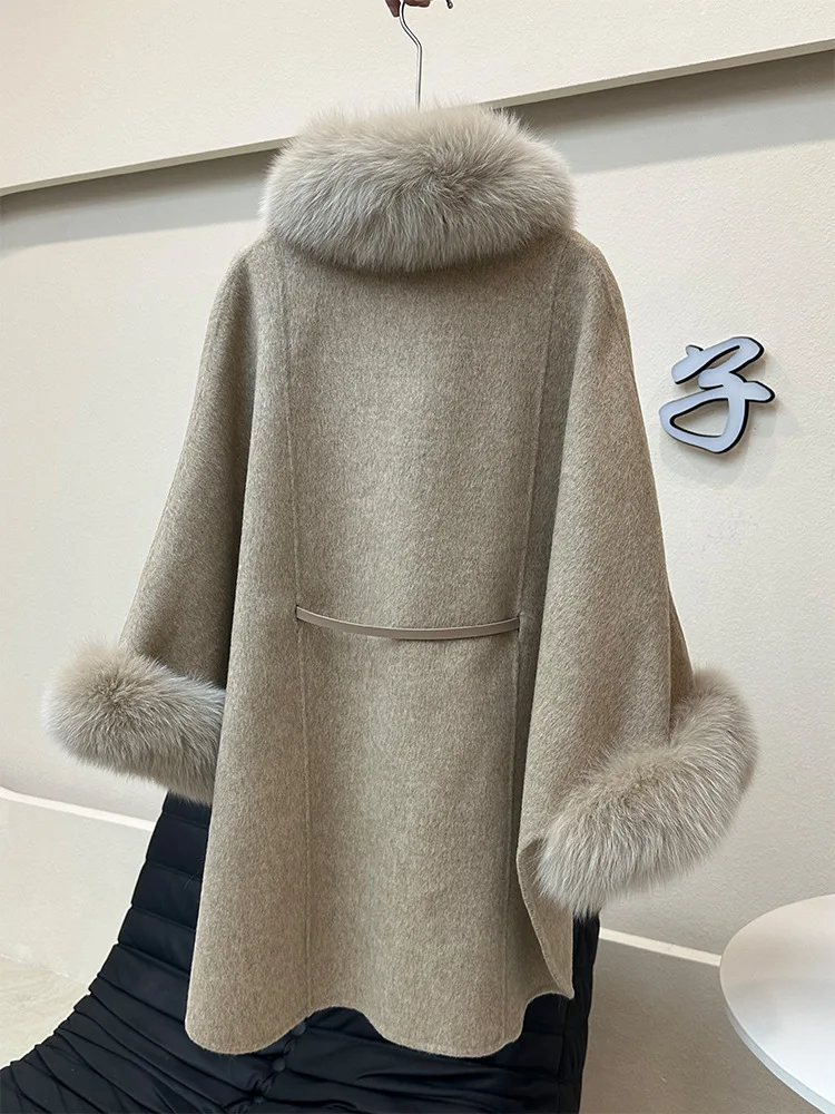 4 Colors Women Winter Warm Luxury Fox Fur Poncho Coat With Belt Two Side Cashmere European Long Cardigan Woolen Loose Cloak