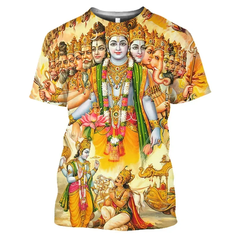 T-shirt homme 2026 avec motif de dieu hindou, T-shirt de cosplay Aslan Vishnu imprimé en 3D sur le thème des croyances religieuses, haut de sport hip-hop pour l'extérieur