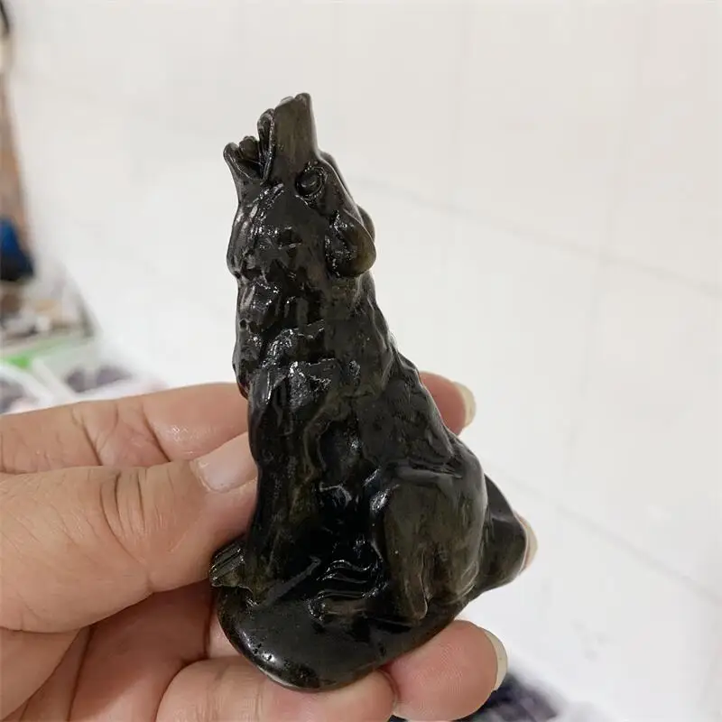 Natural Golden Obsidian Wolf Carving Healing Gemstone Animal Figurines Reiki Stone Lucky Decoration Gift 1pcs