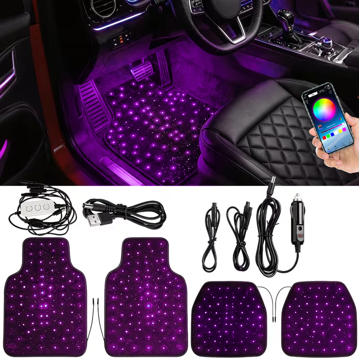 Starlight Car Floor Mat Set with RGB Lights, Multi-Color Starlight Effect, App-Controlled Anti-Slip Car Carpet for SUV, Truck, and Sedan, Black