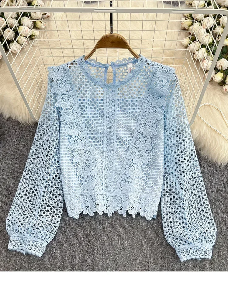 Women Spring Autumn Blouse Vintage Round Neck Ruffle Long Sleeve Loose Hook Flower Cut Out Water-soluble Lace Shirt D2062