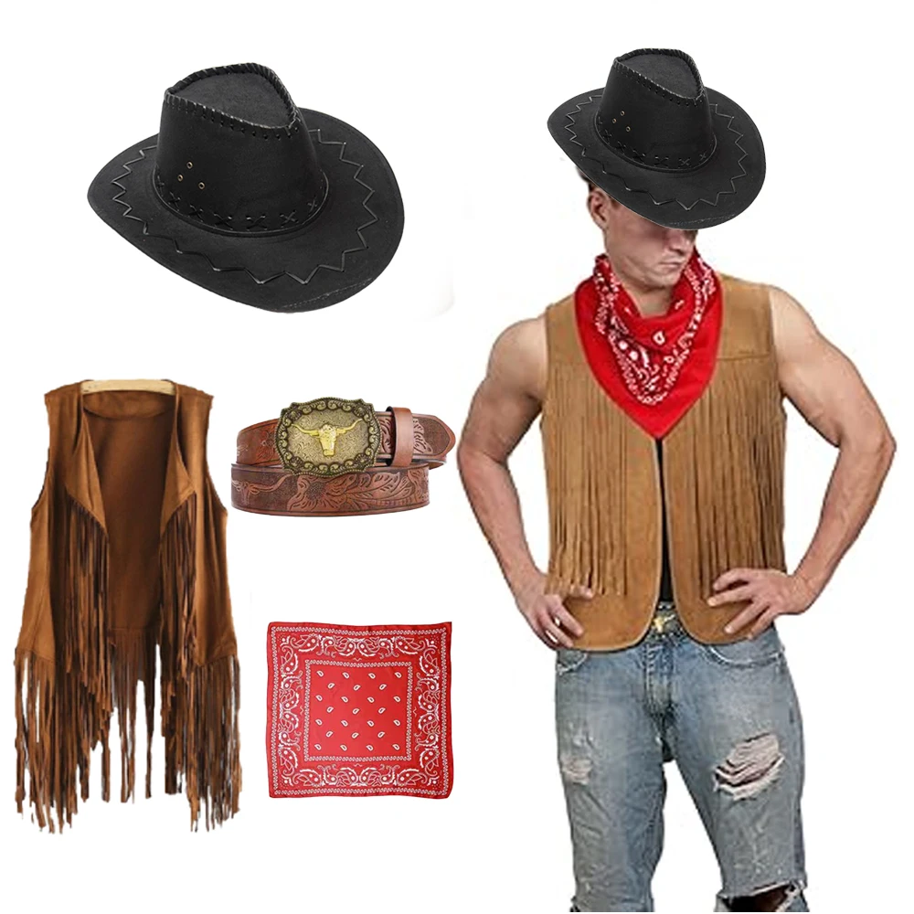 PESENAR Sombreros y pañuelos de vaquero occidental para niños y niñas, sombreros de vaquero para accesorios de disfraces de Halloween