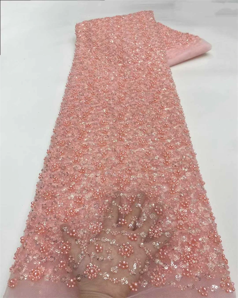 

African Sequins Beaded Lace Fabrics High Quality Sequence Embroidery French Tulle Nigerian Lace Fabric For Wedding Sewing