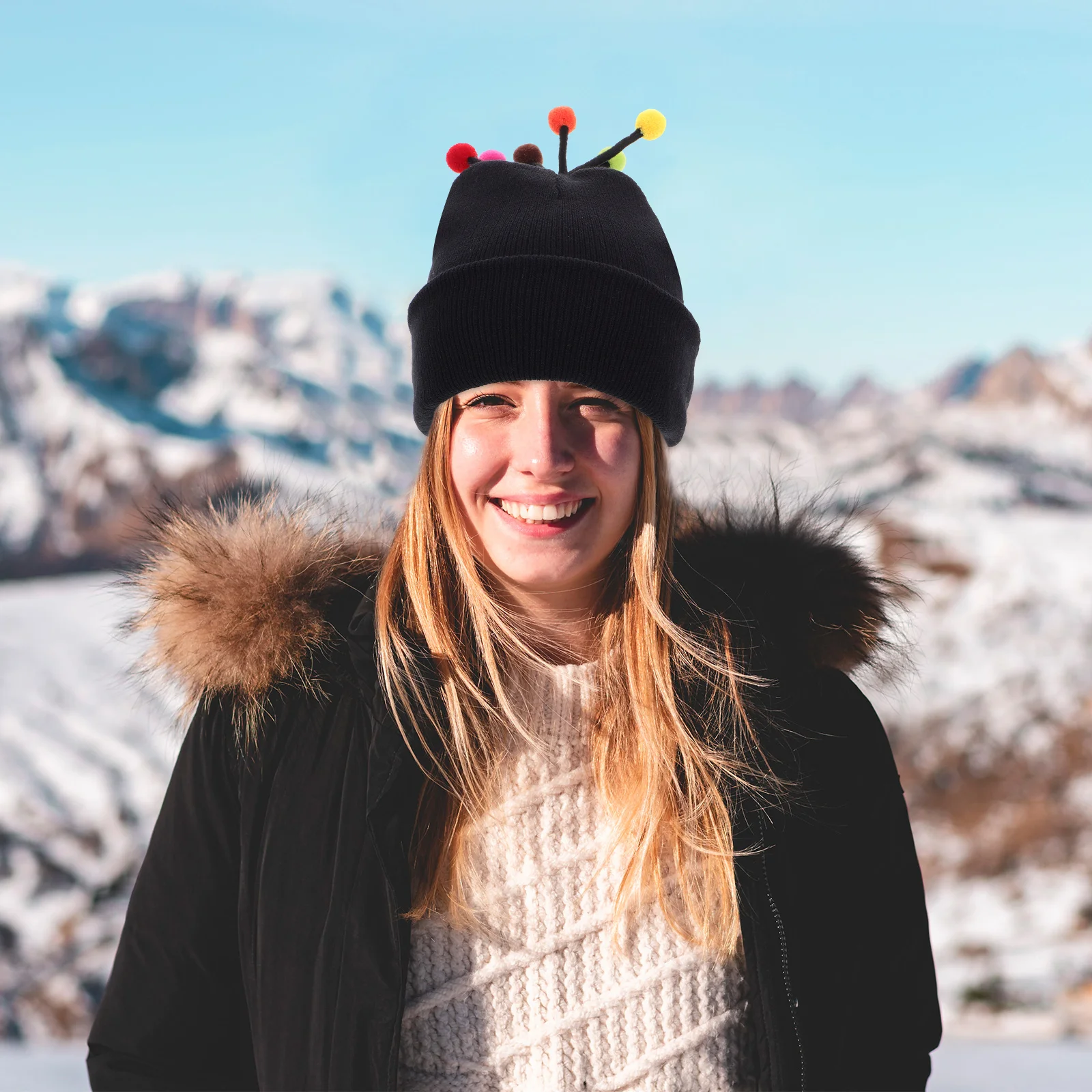 

Colorful Pom Pom Knit Beanie Hat Funny Cozy Warm Winter Cold Weather Hat for Men Women Stylish Outdoor Wear Warm Knit Beanie