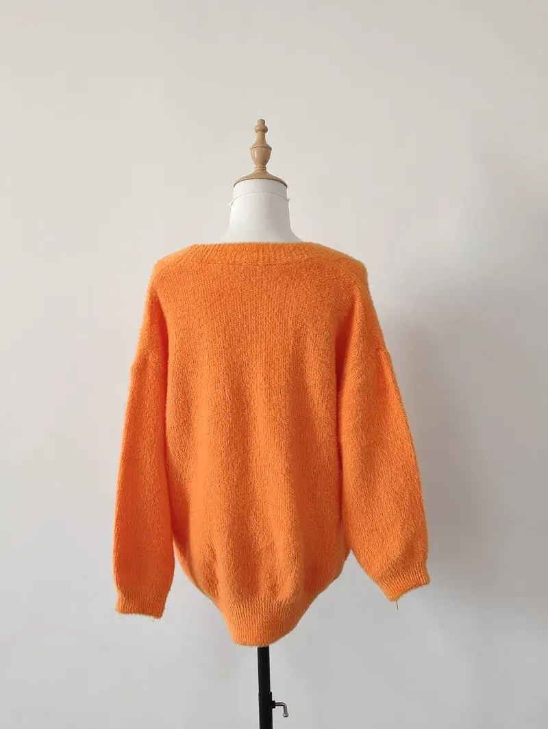 Korean Retro Orange Knit Cardigan Women V-neck Fashion Soft Single Breasted Temperament Gentle Solid Winter female Sweater Coat