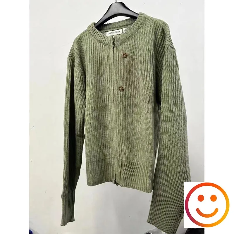 

Our Legacy Green Loose Zipper Button Sweater Round Neack Men Women Good Quality Vintage 1:1 Knitt Sweater Pullovers