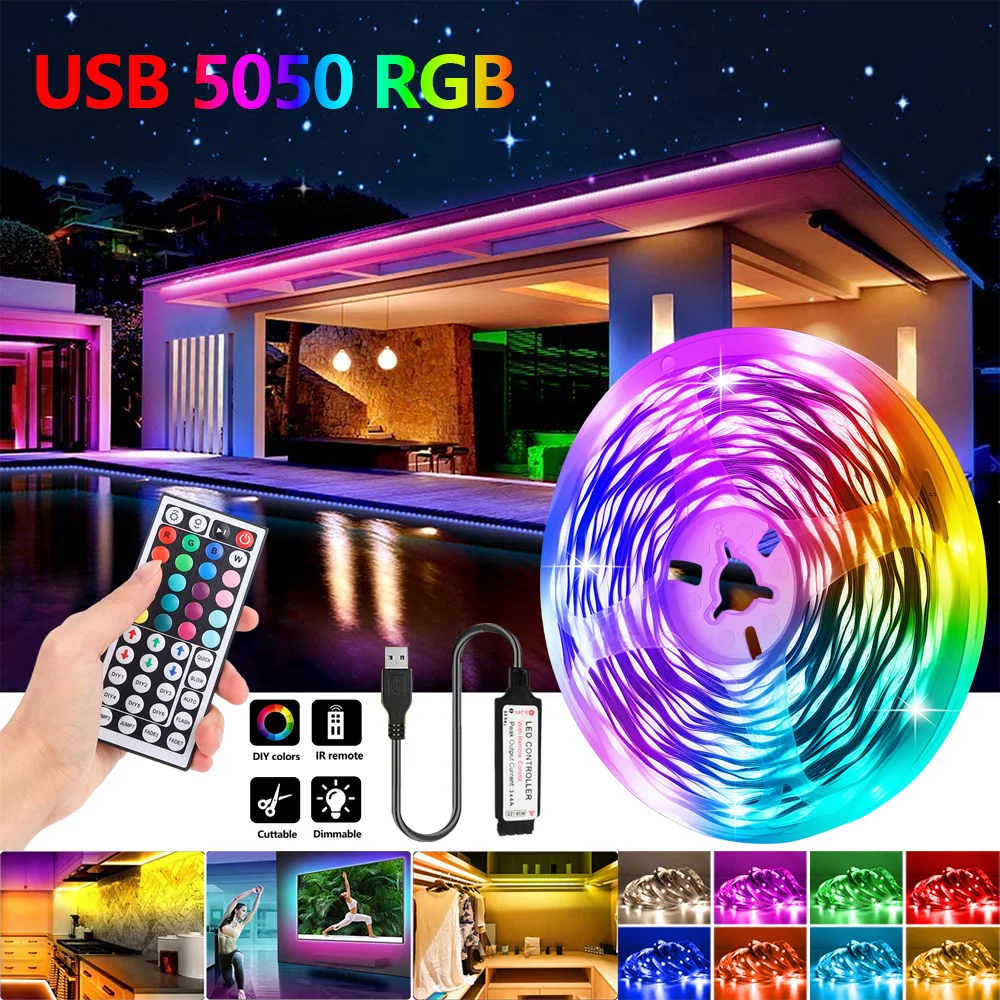 led strip lights com controle remoto 5050smd rgb tape lampada de parede quarto casa quarto party decor tv backlight 44 key 01