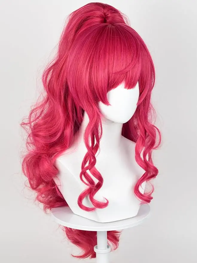 Długa Kręcona Peruka Cosplay z Grzywką w Kolorze Różowo-Czerwonym, Peruki Kucyk Anime w Kolorze Czerwono-Różowym, Urocze Peruki Kucyk dla Kobiet na Halloween
