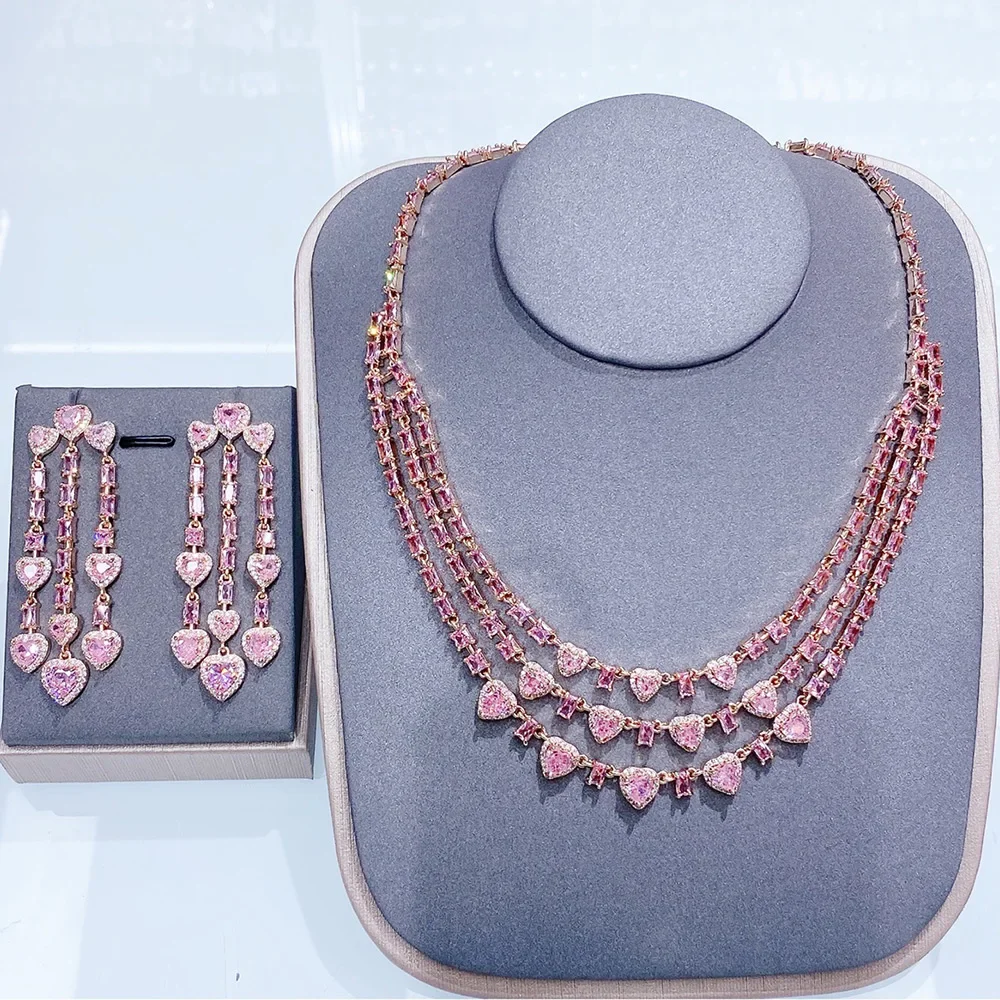 

Kellybola 2PCS Luxury 3 Layers Necklace Earrings Statement Jewelry Set For Women Wedding CZ African Dubai Bridal Jewelry Gift