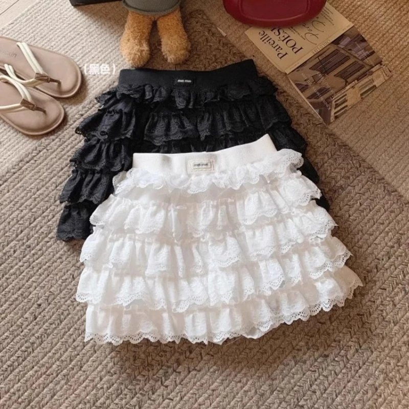 

Korean Lace Splicing Casual Cake Skirt Women 2025 Summer New High Waist Pleated Solid Color All Match A-line Skirt