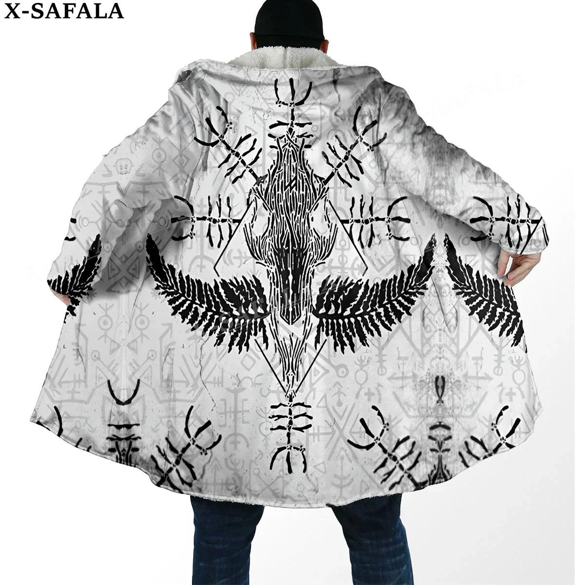 Viking Raven Tattoo Symbol Totems Art Thick Warm Hooded Cloak Men Overcoat Coat Windproof Fleece Cape Robe Hooded Blanket-10