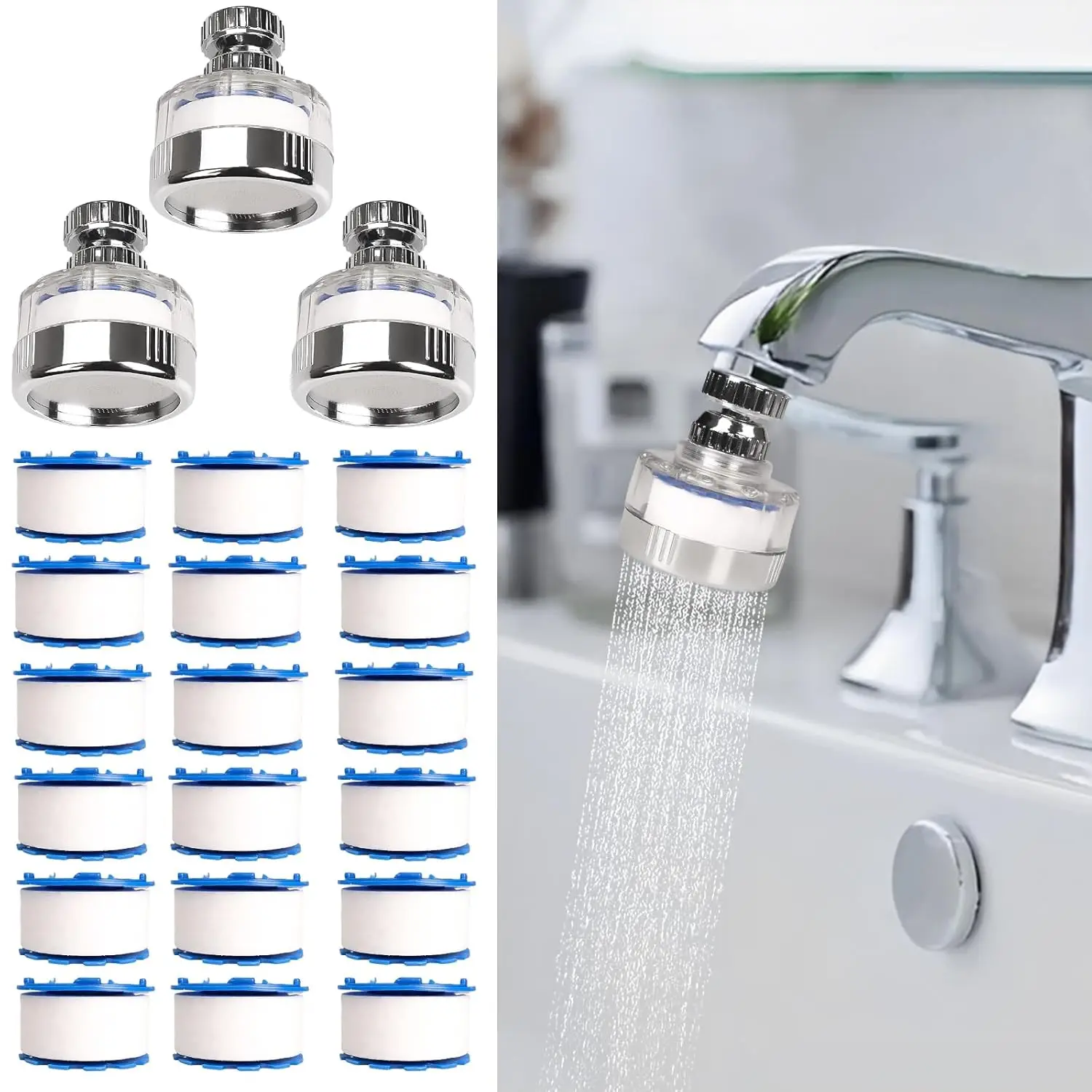 

3-Piece Sink Water Filter Set with 18 Elements, 360° Rotating Faucet Filter for Hard Water & Fluoride Removal