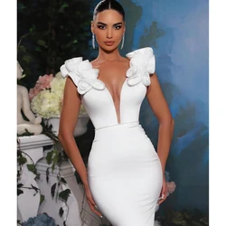 White V-Neck Backless Elegant Evening Dress Sleeveless Lace Up Chapel Train Long Dresses Wedding Elegant Bridal Gown Mermaid