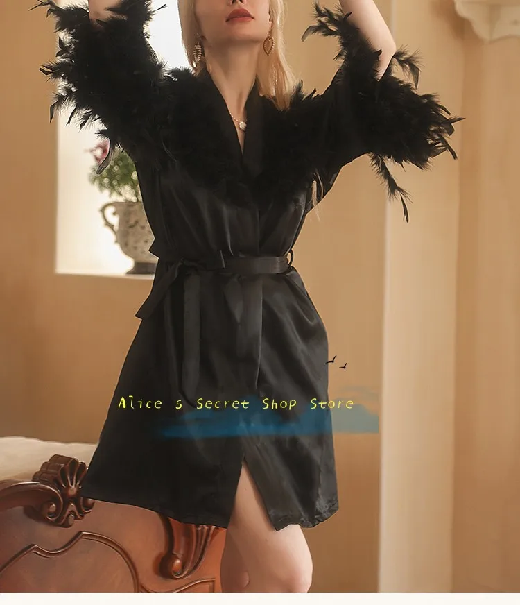 Sexy And Elegance  Party Evening Dressing Gown  V-Neck With Feather Long Sleeve Soft Satin Belt For Evening Night Bespoke Dress