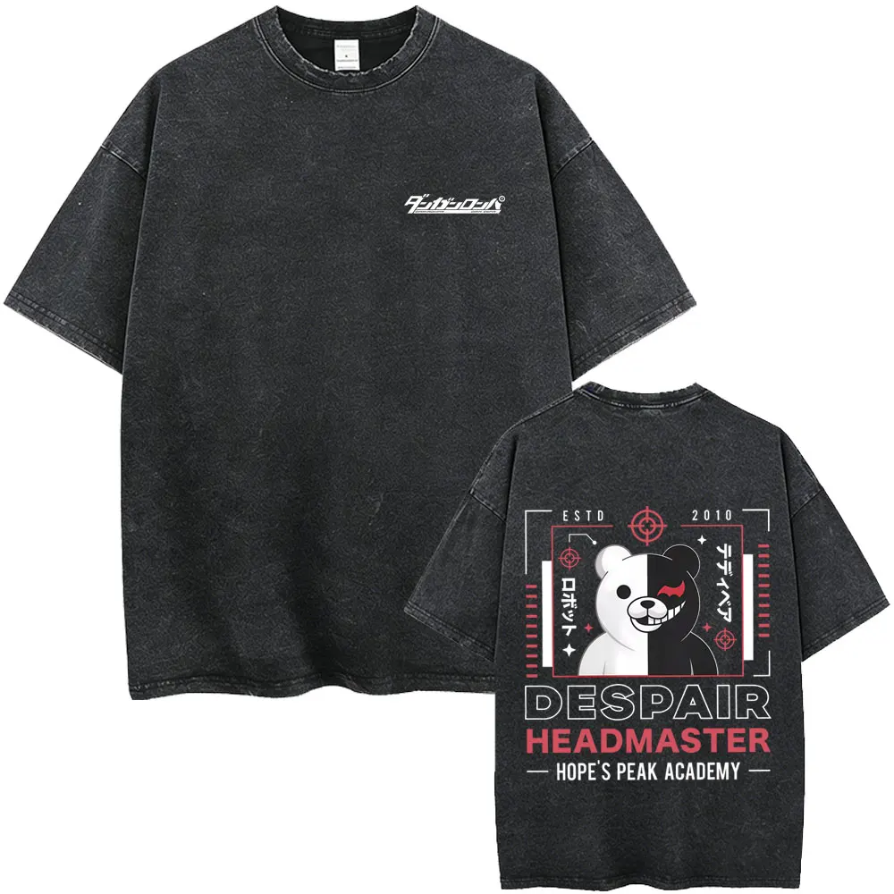 

Anime Danganronpa Despair Headmaster Monokuma Vintage Washed T-shirt Men's Women Clothing Manga Oversized T Shirts Streetwear