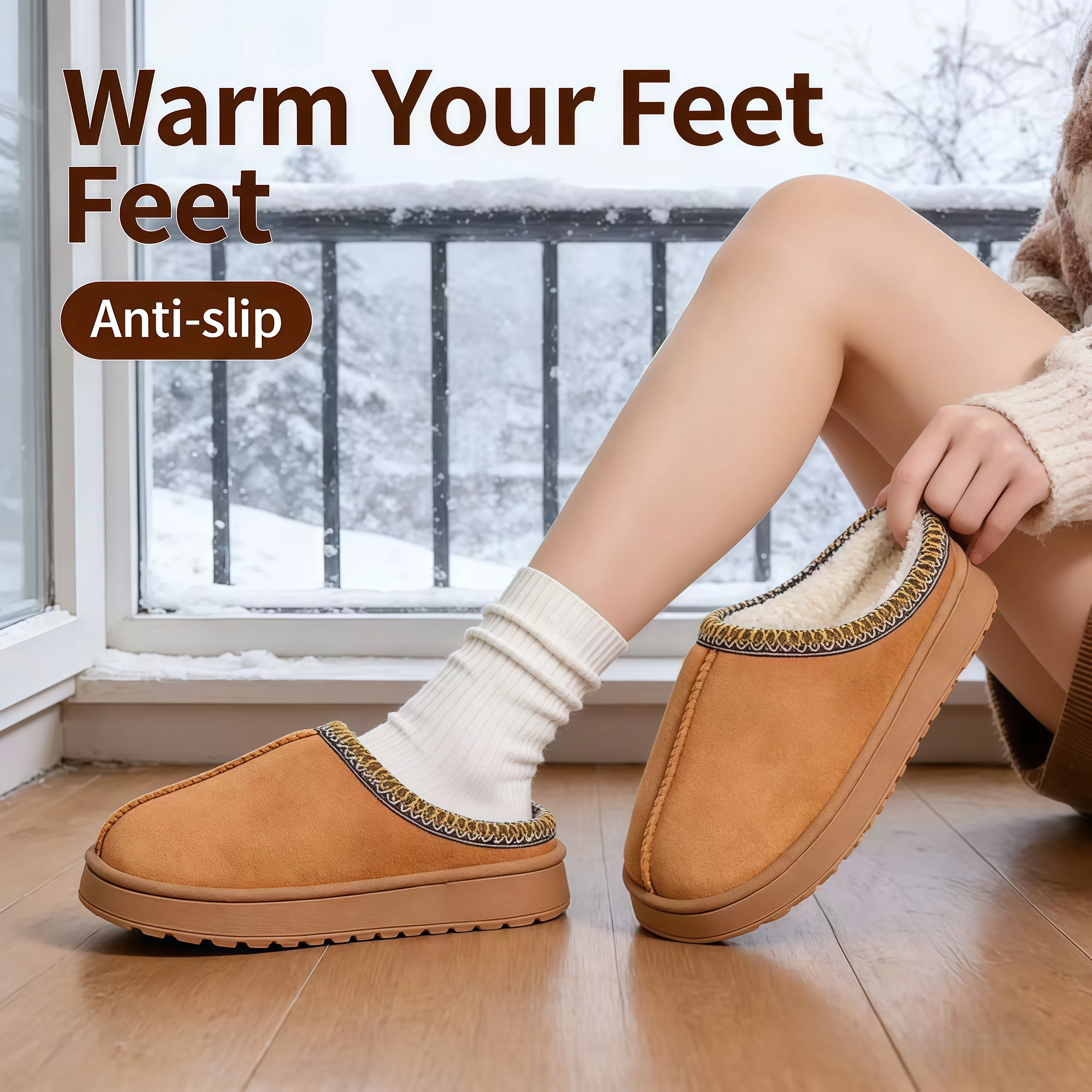 

Теплые домашние тапочки 2026 с плюшевой флисовой подкладкой и толстой подошвой из ЭВА для дома и улицы, уютная нескользящая домашняя обувь