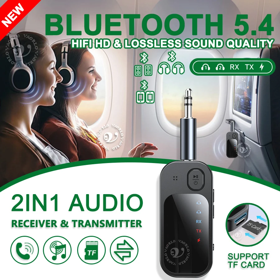 2 In 1 Multipoint Bluetooth 5.4 Audio Transmitter Receiver 3.5mm AUX RCA TF Card Play HIFI Dual Stream Wireless Adapter With Mic