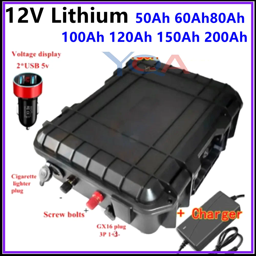 Waterproof 12v 50Ah 80Ah 100ah 60Ah 150Ah Lithium battery 12v 200ah for trawling Motorcycle fishing inflatable boat Outdoor camp