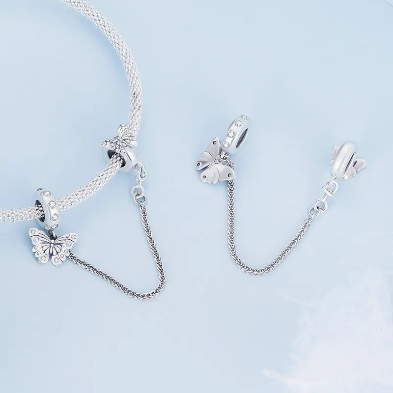 WOSTU 925 Sterling Silver Love Heart ซิลิโคนความปลอดภัยผีเสื้อ Angel Wing Link Charm สําหรับสร้อยข้อมือเดิม DIY เครื่องประดับ