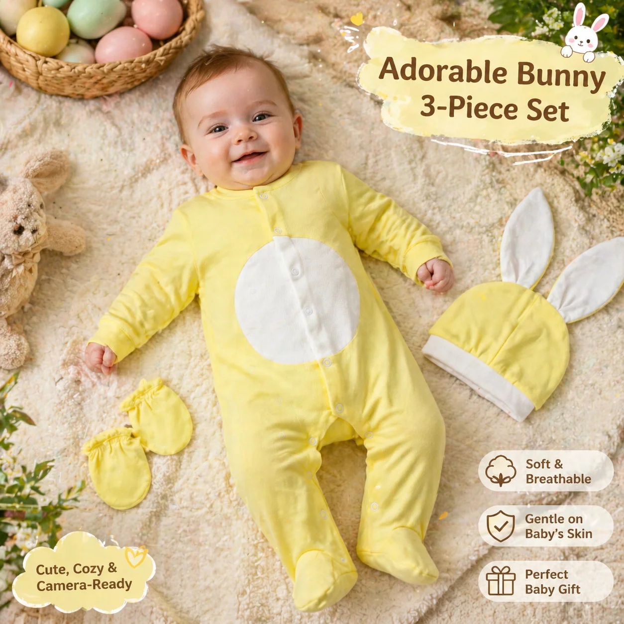 Cute Baby  Bunny Romper Set - Ears & Mitts - Soft Wear for Daily Use & Photoshoot