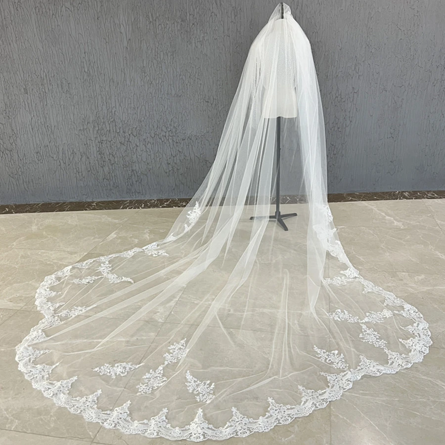 

New Arrival White Ivory Cathedral Wedding veils Lace Appliques Bride Wedding accessories Bridal Veil vestidos de novia