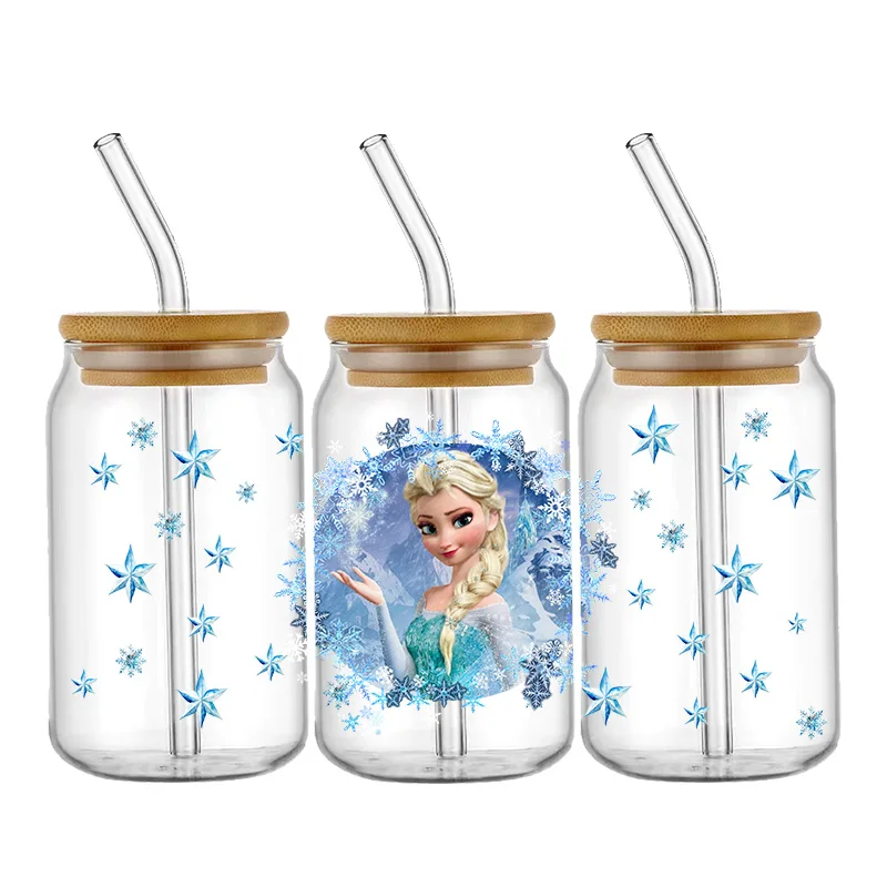 Frozen Disney Elsa Princess Cute 16oz UV DTF Sticker For 16oz Glass Cups Wrap Transfer Sticker Custom Labels DIY Logo Waterproof