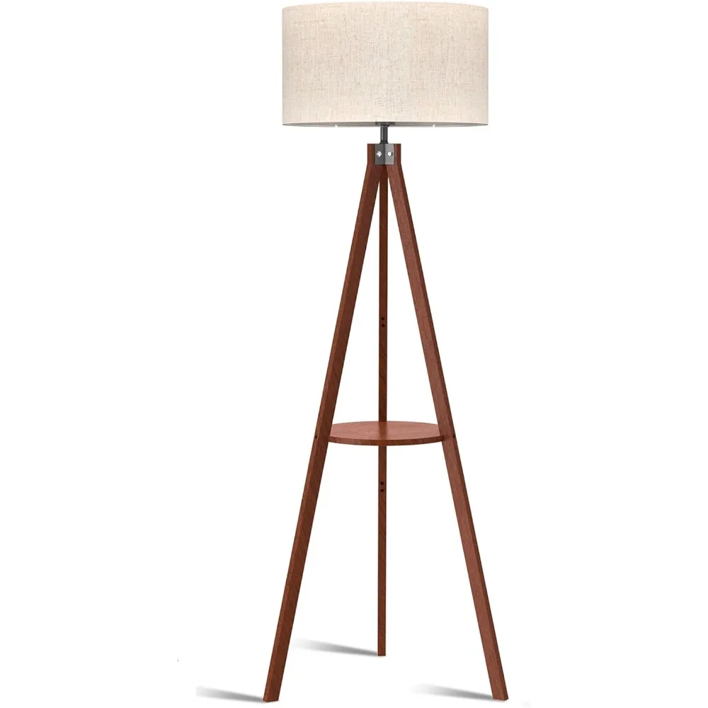 Tripod Floor Lamp, Mid Century Wood Standing Lamp, Modern Design Shelf Floor Lamp for Living Room, Bedroom, Office