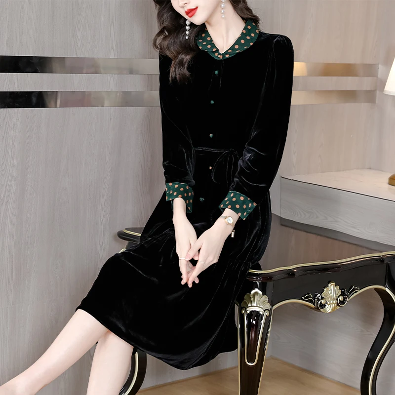 Autumn Winter Black Velvet Print Long Sleeve Midi Dress Women Korean Vintage Hepburn Dress 2022 New Elegant Bodycon Casual Dress