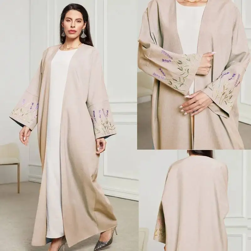 

2026 New Long Dress Muslim Fashion Elegant Embroidered Floral Cardigan Imitation Linen Dress Robe Dress Robe Vestido Women