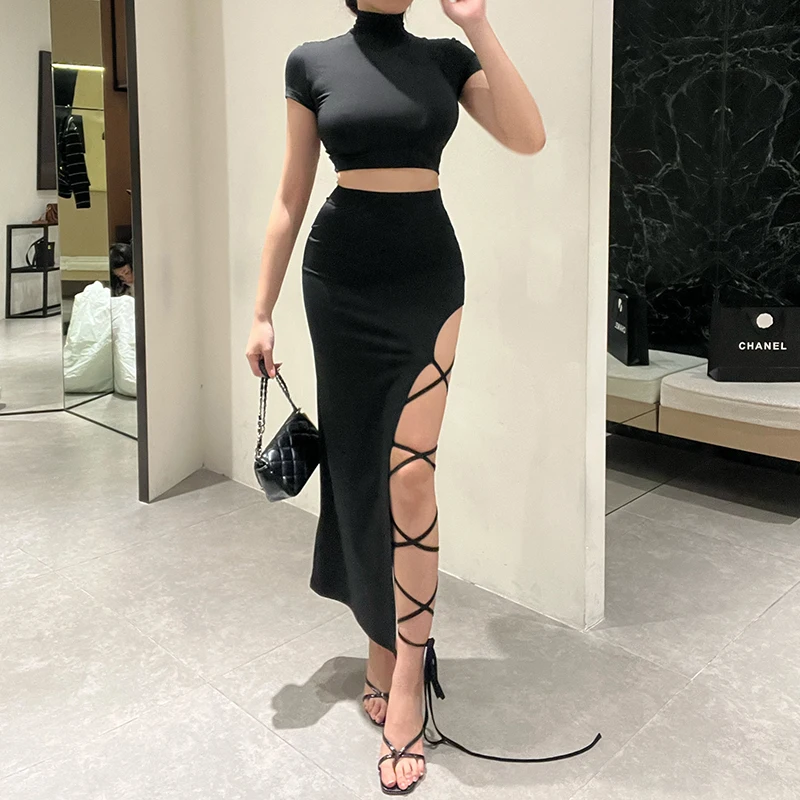 Women\'s Elegant Dresses Summer New Solid Color Waist Basic Side Split Cross Strap Short Sleeve Long Half Skirt Set