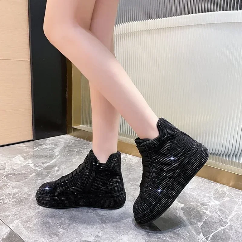 Zapatillas de deporte de moda para mujer, zapatos informales con plataforma y cordones de diamantes de imitación, brillantes, primavera y otoño, 2022