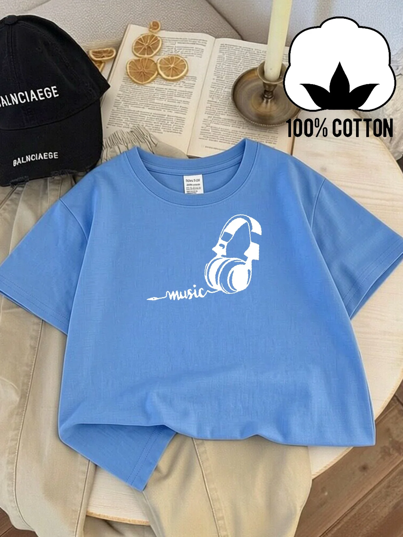 Head Mounted Headphones Music Line Art Design Machine Washable Children's T-shirt Breathable Parent-child Outfit