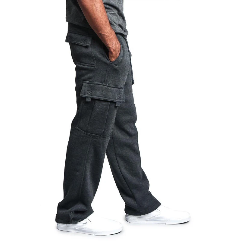 Men's Customize DIY Logo Cargo Pants Fleece Loose Drawstring Pockets Sports Winter Straight Trousers Jogging Long Hip Hop Pants
