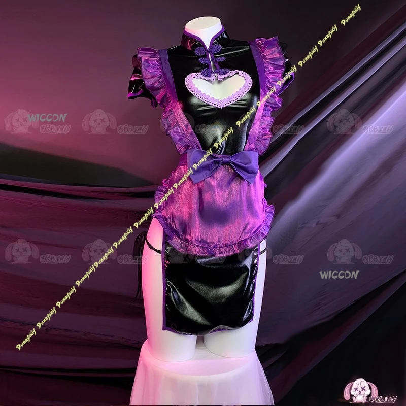 Disfraces de Cosplay morados, vestido de sirvienta, corazones ahuecados, Cheongsam, juego de rol, falda Sexy para niñas y mujeres, diario, Navidad y Halloween