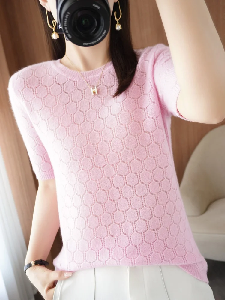 100% Merino Wool Women\' Sweater Spring Summer O-Neck Cellular Solid Color Hollow Out Pullover Short Sleeved Higt-Quality Tops